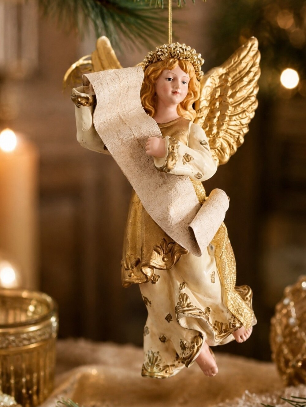Vintage Angel Christmas Ornament Gold Scroll Victorian Tree Decor 8"